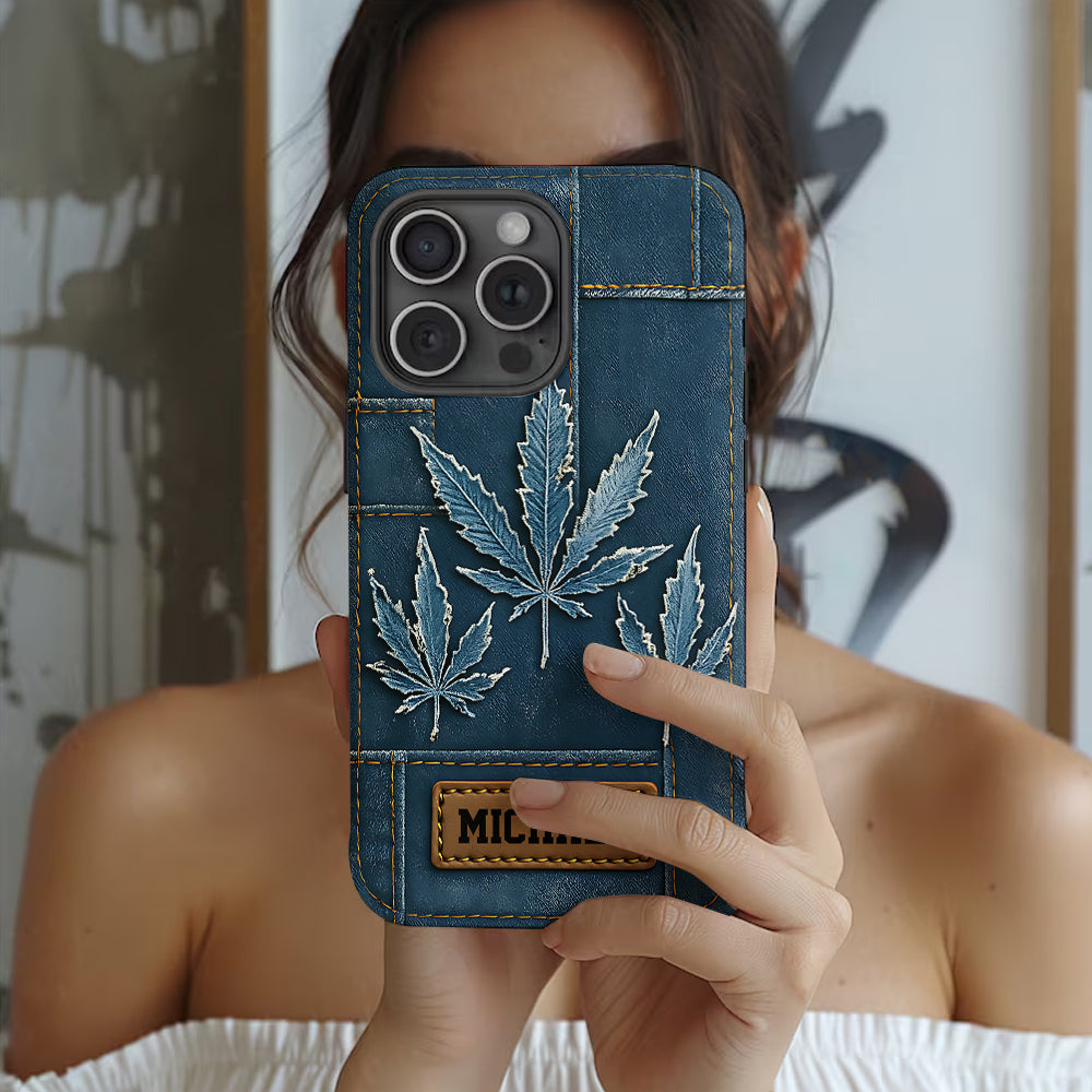 Coque de téléphone personnalisée avec imprimé intégral de marijuana en denim vieilli