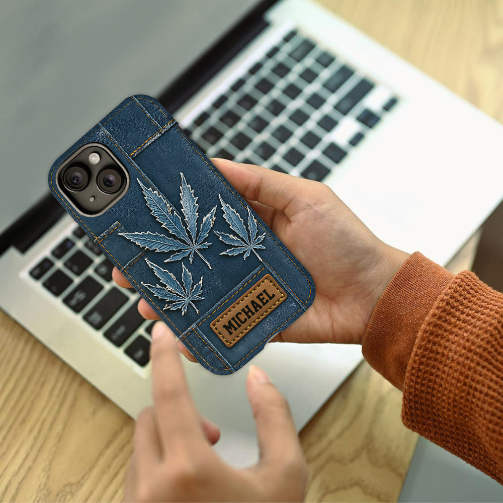 Coque de téléphone personnalisée avec imprimé intégral de marijuana en denim vieilli