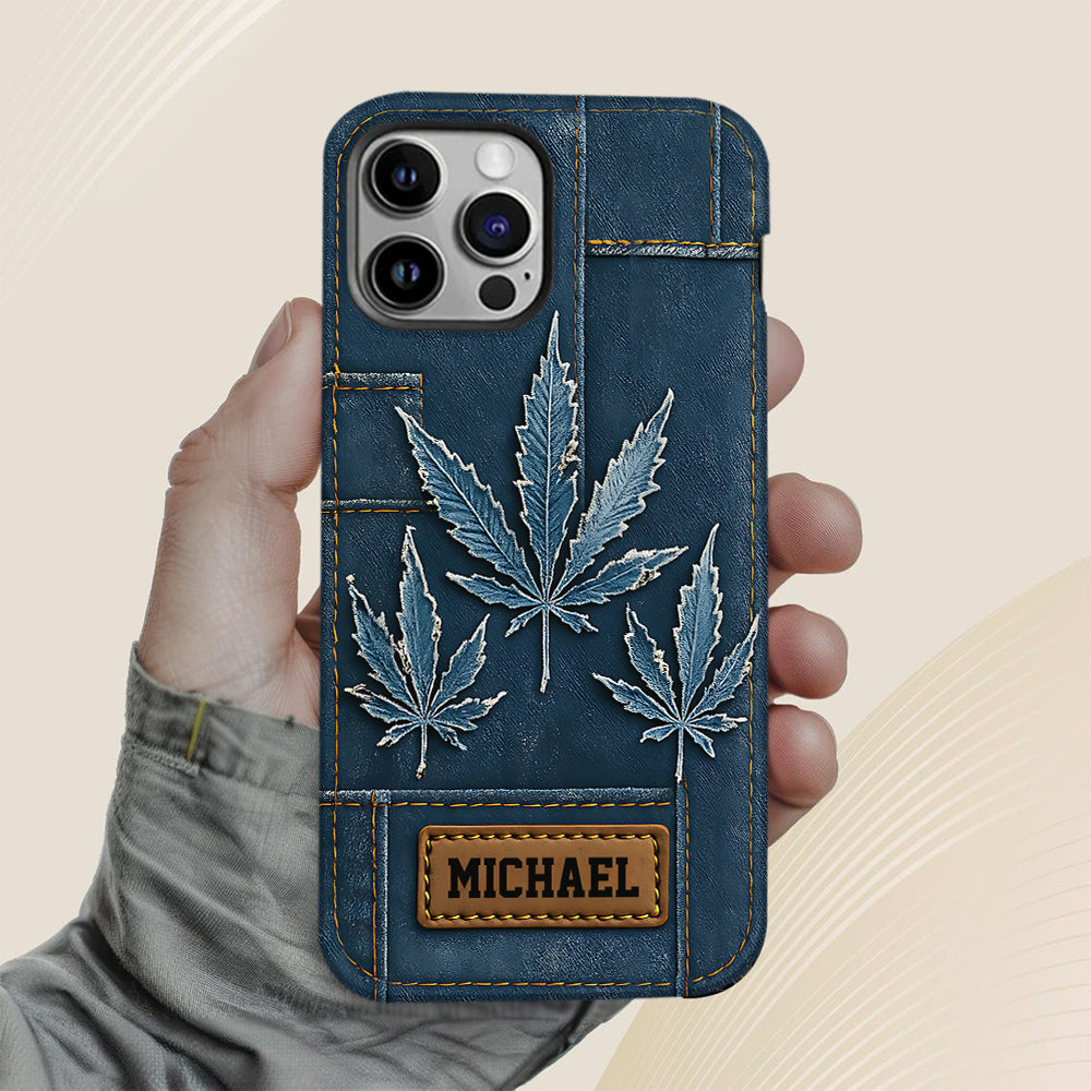 Coque de téléphone personnalisée avec imprimé intégral de marijuana en denim vieilli