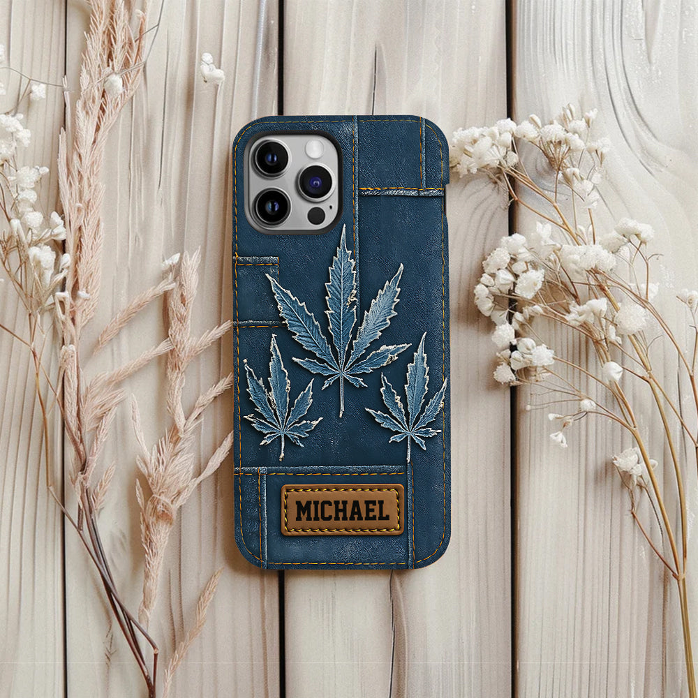 Coque de téléphone personnalisée avec imprimé intégral de marijuana en denim vieilli