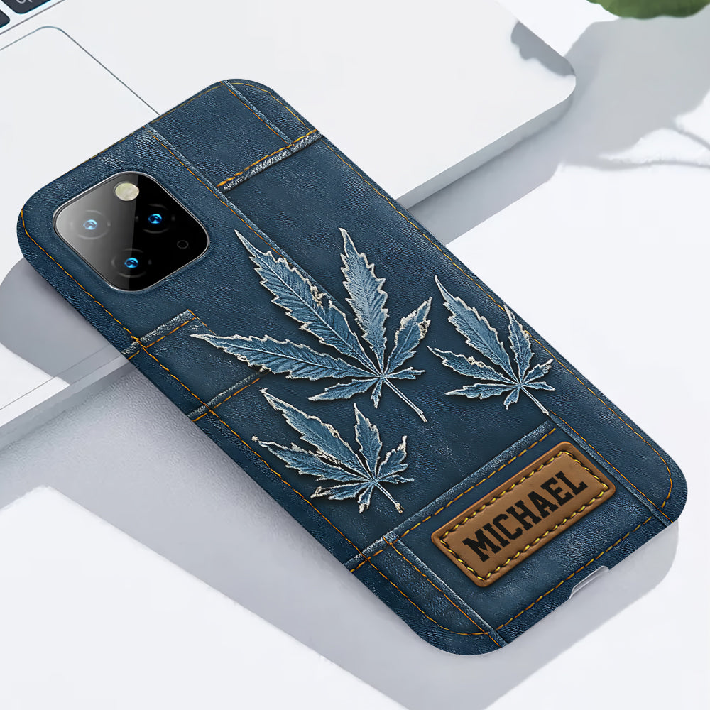 Coque de téléphone personnalisée avec imprimé intégral de marijuana en denim vieilli