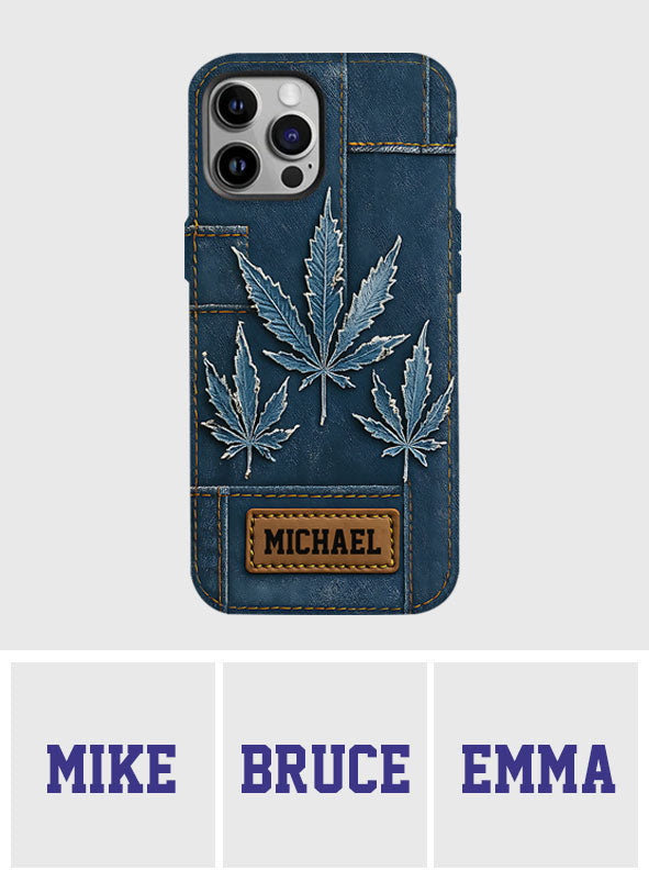 Coque de téléphone personnalisée avec imprimé intégral de marijuana en denim vieilli