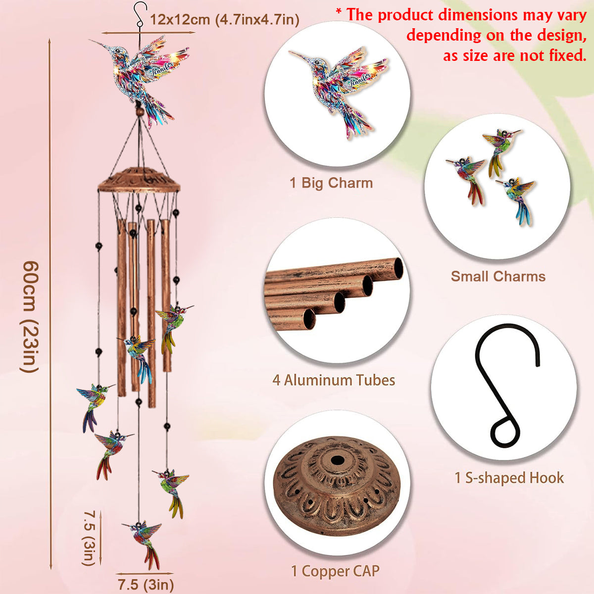 Beautiful Hummingbirds - Personalized Hummingbird Wind Chime With Charms