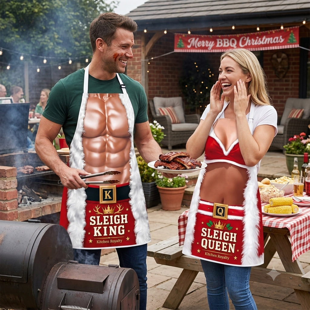 Sleigh King, Sleigh Queen - Personalized Couple Apron With Pockets