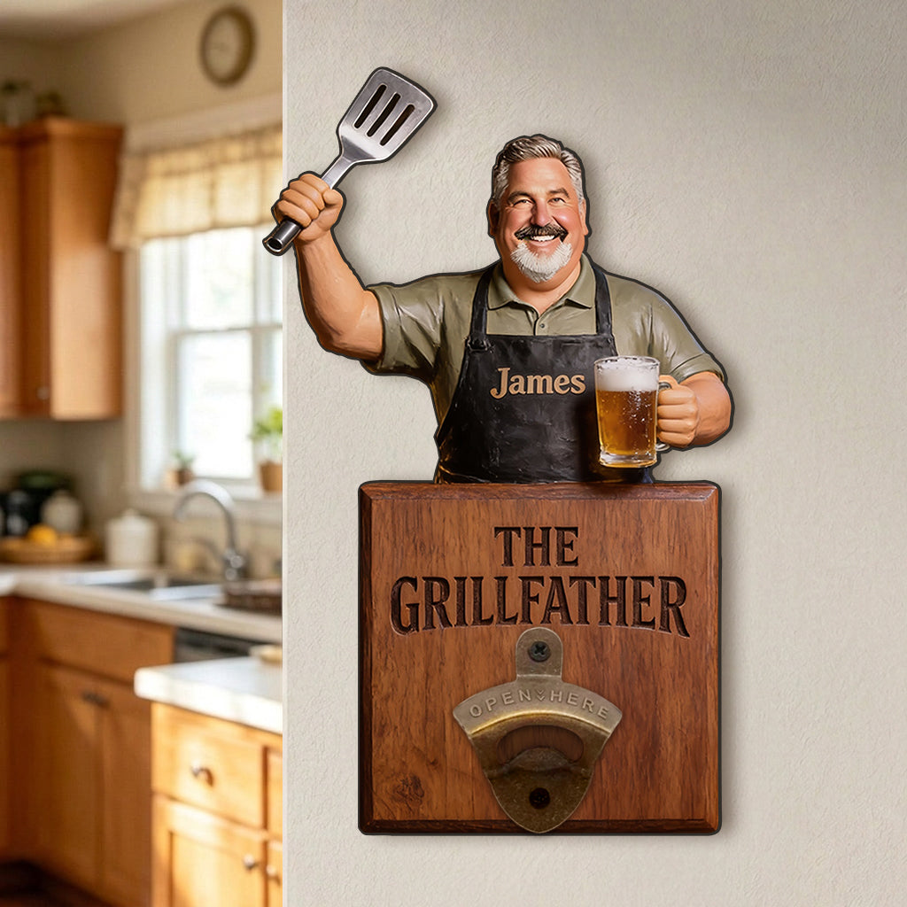 Grill & Brew - Ouvre-bouteille mural personnalisé pour papa