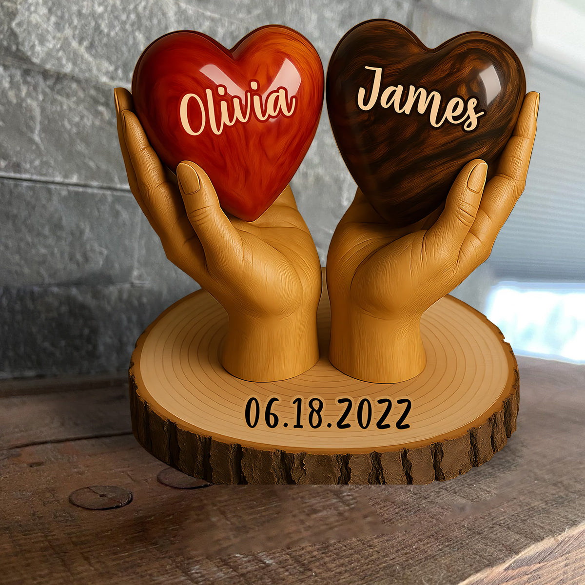 Two Hearts One Love - Personalized Couple Custom Shaped Wood Plaque