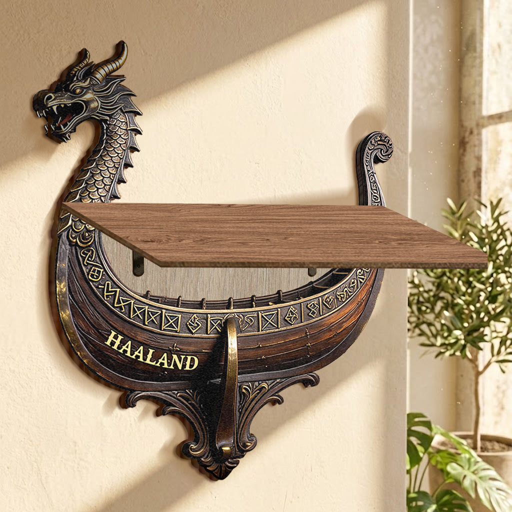 Viking Dragon Boat - Personalized Viking Wooden Floating Shelf