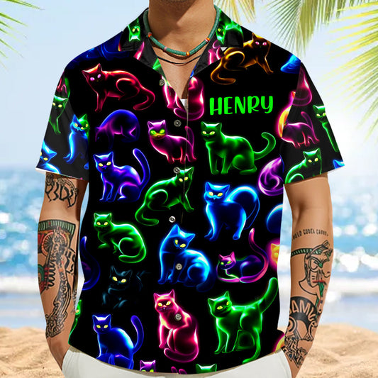 Neon Cat Pattern - Personalized Cat Hawaiian Shirt