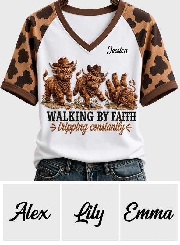 Walking By Faith Tripping Constantly - Personalized Highland Cow Fully Printed V-Neck T-Shirt