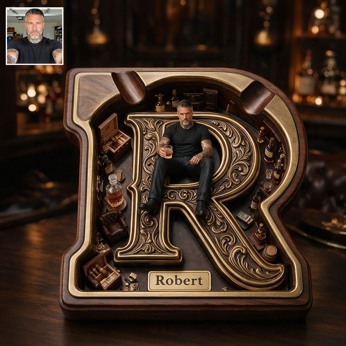 Any Photo Monogram Ashtray - Personalized Real Men Wood Tray