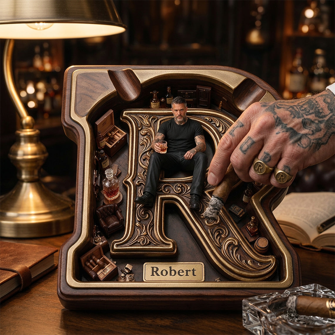 Any Photo Monogram Ashtray - Personalized Real Men Wood Tray