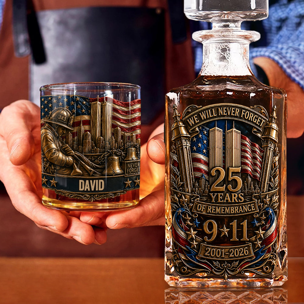 25 Years We Will Never Forget - Personalized Patriot Whiskey Decanter Set