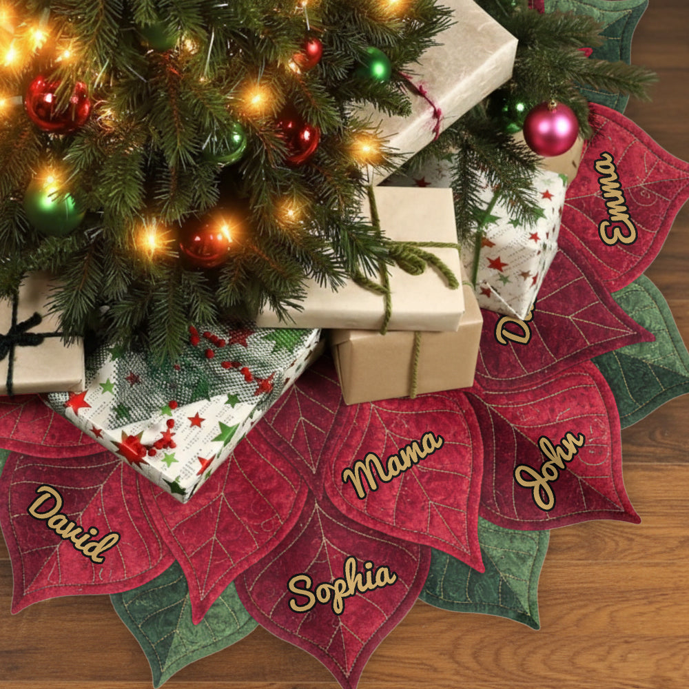 Name Custom Poinsettia Tree Skirt For Big Family, Merry Christmas 2025 - Personalized Family Shaped Tree Skirt