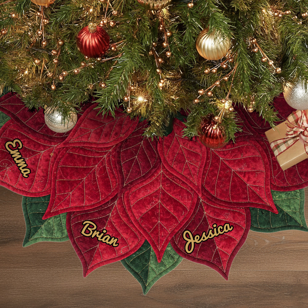 Name Custom Poinsettia Tree Skirt For Big Family, Merry Christmas 2025 - Personalized Family Shaped Tree Skirt