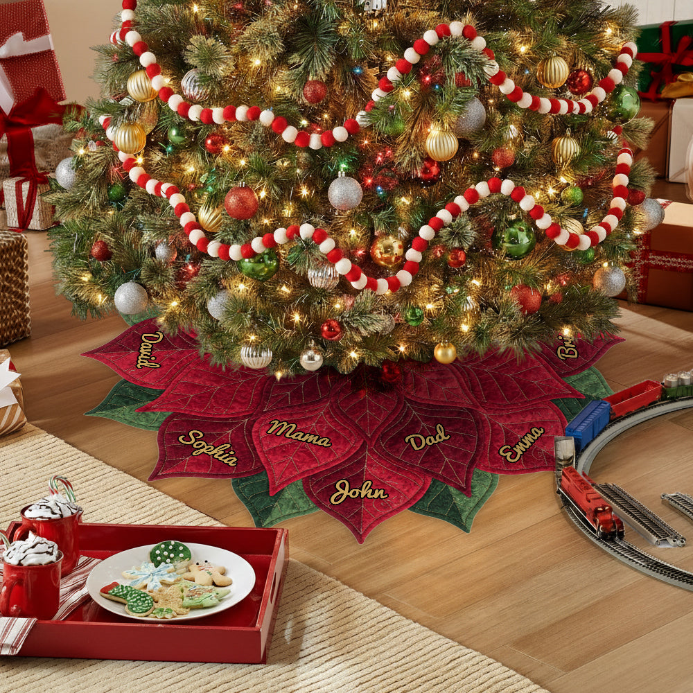 Name Custom Poinsettia Tree Skirt For Big Family, Merry Christmas 2025 - Personalized Family Shaped Tree Skirt