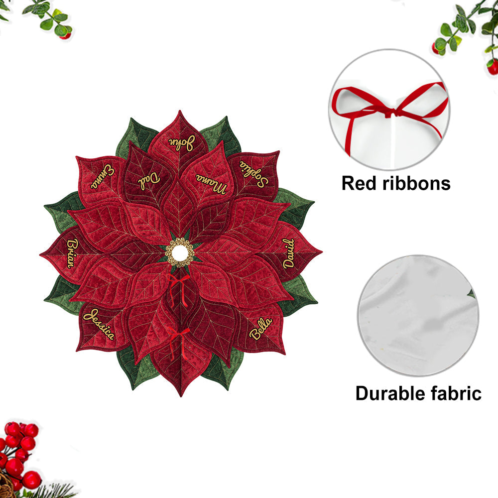 Name Custom Poinsettia Tree Skirt For Big Family, Merry Christmas 2025 - Personalized Family Shaped Tree Skirt