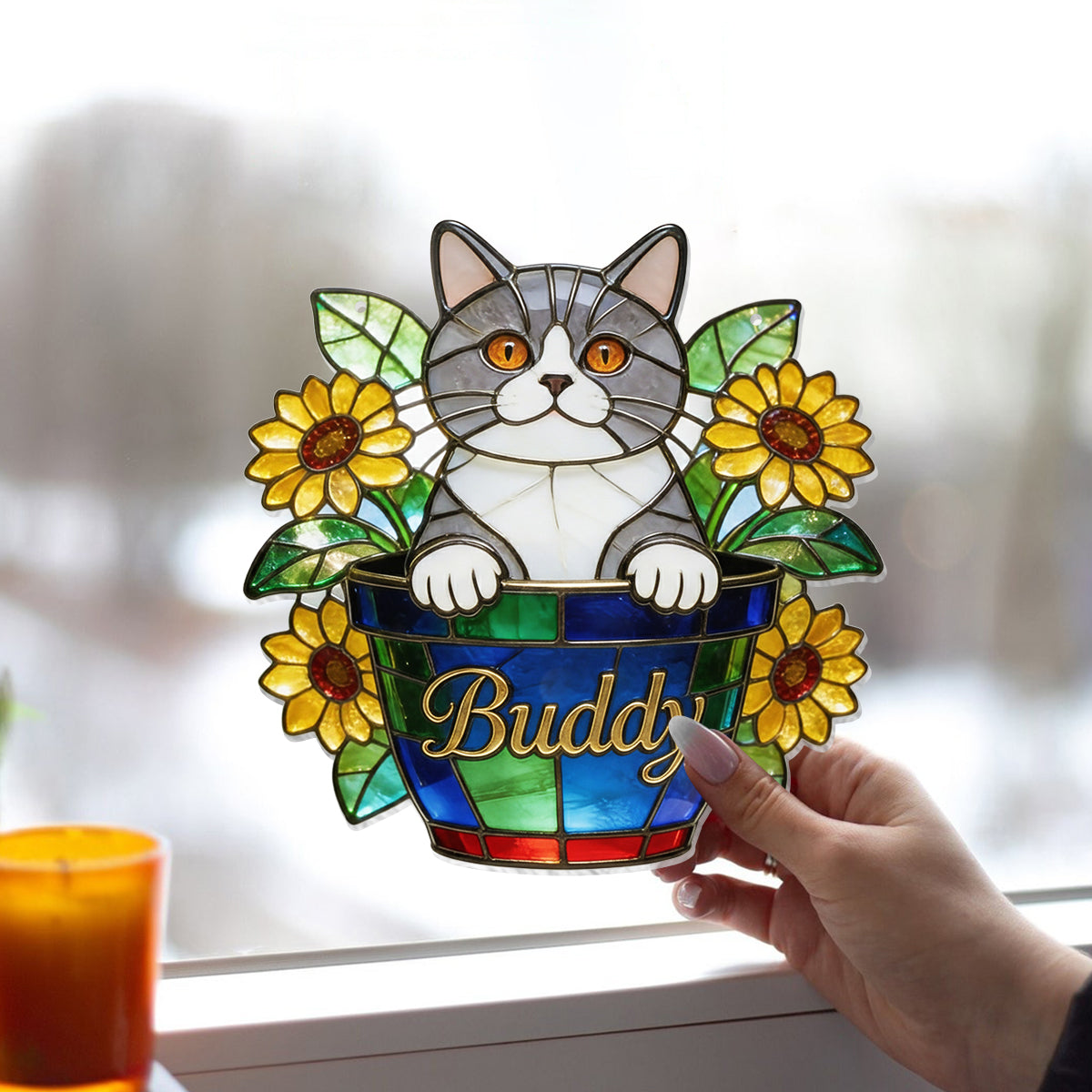 Niedliche Haustiere und Blumen – Personalisierter Katzen-Fensterhänger als Sonnenfänger