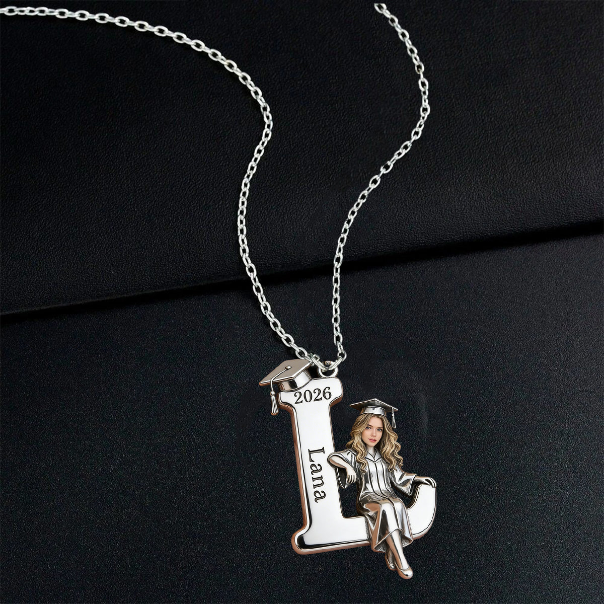 Graduation 2026 Custom Photo With Initials - Personalized Graduation Shaped Metal Pendant Necklace