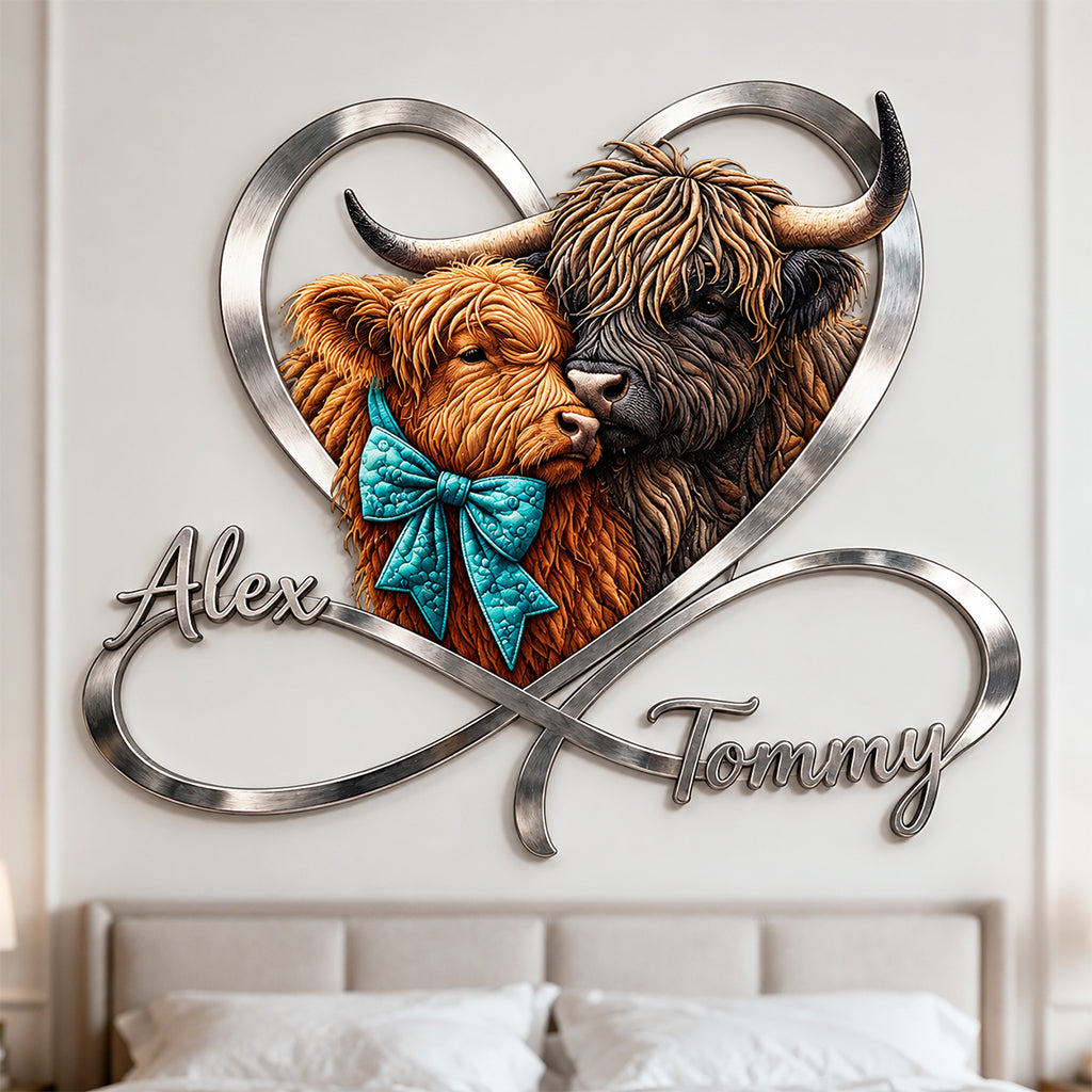 Aimez-vous infiniment - Panneau en métal découpé 3D personnalisé de vache des Highlands