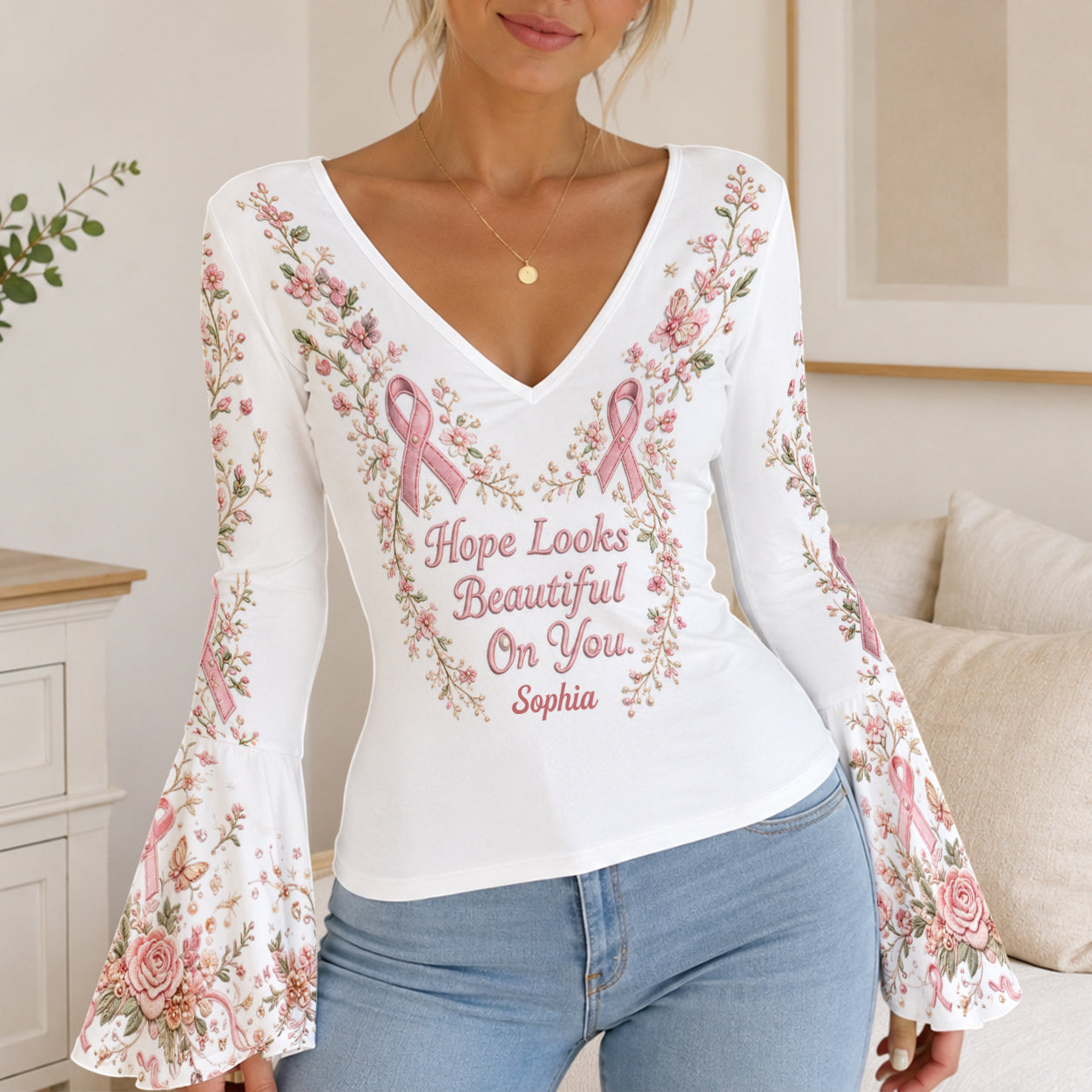 Breast Cancer Awareness Month - Personalized Breast Cancer Awareness Flare Long-Sleeve Shirt