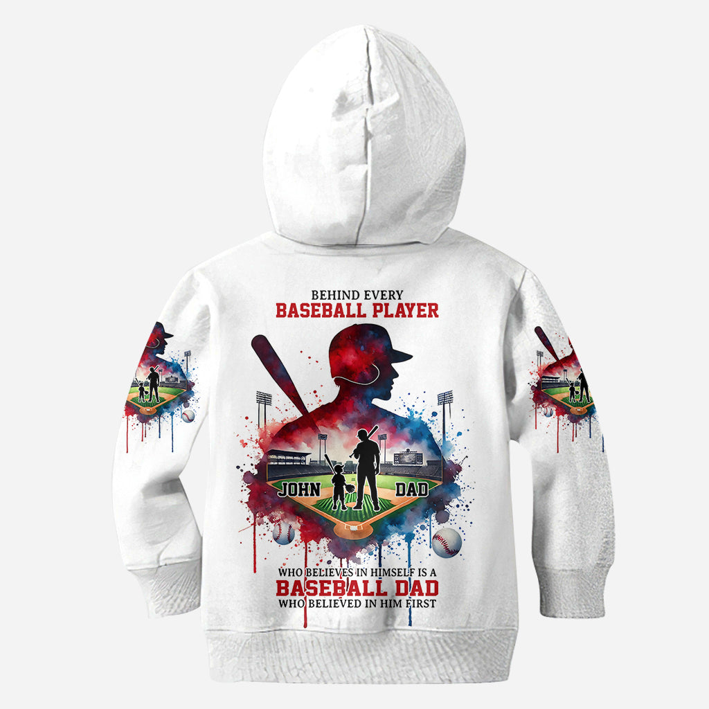 Behind Every Baseball Player Who Believes In Himself Is A Baseball Mom/ Dad Who Believed In Him First - Personalized Baseball All Over Shirt