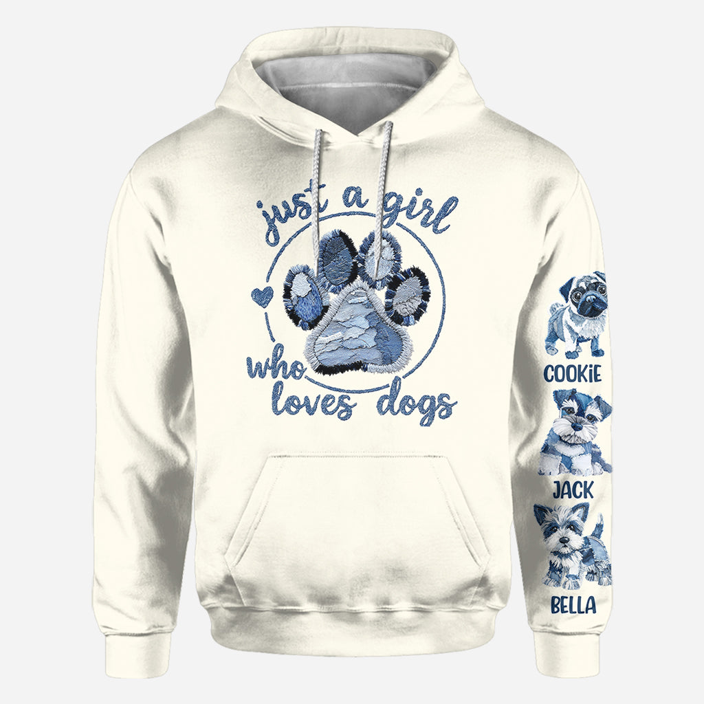 T-shirt personnalisé « Juste une fille qui aime les chiens » avec un motif de chien.