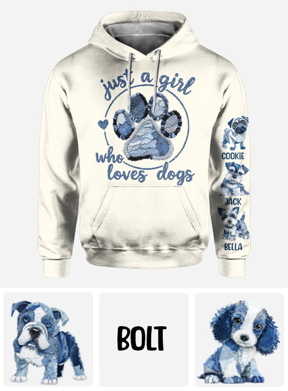 T-shirt personnalisé « Juste une fille qui aime les chiens » avec un motif de chien.