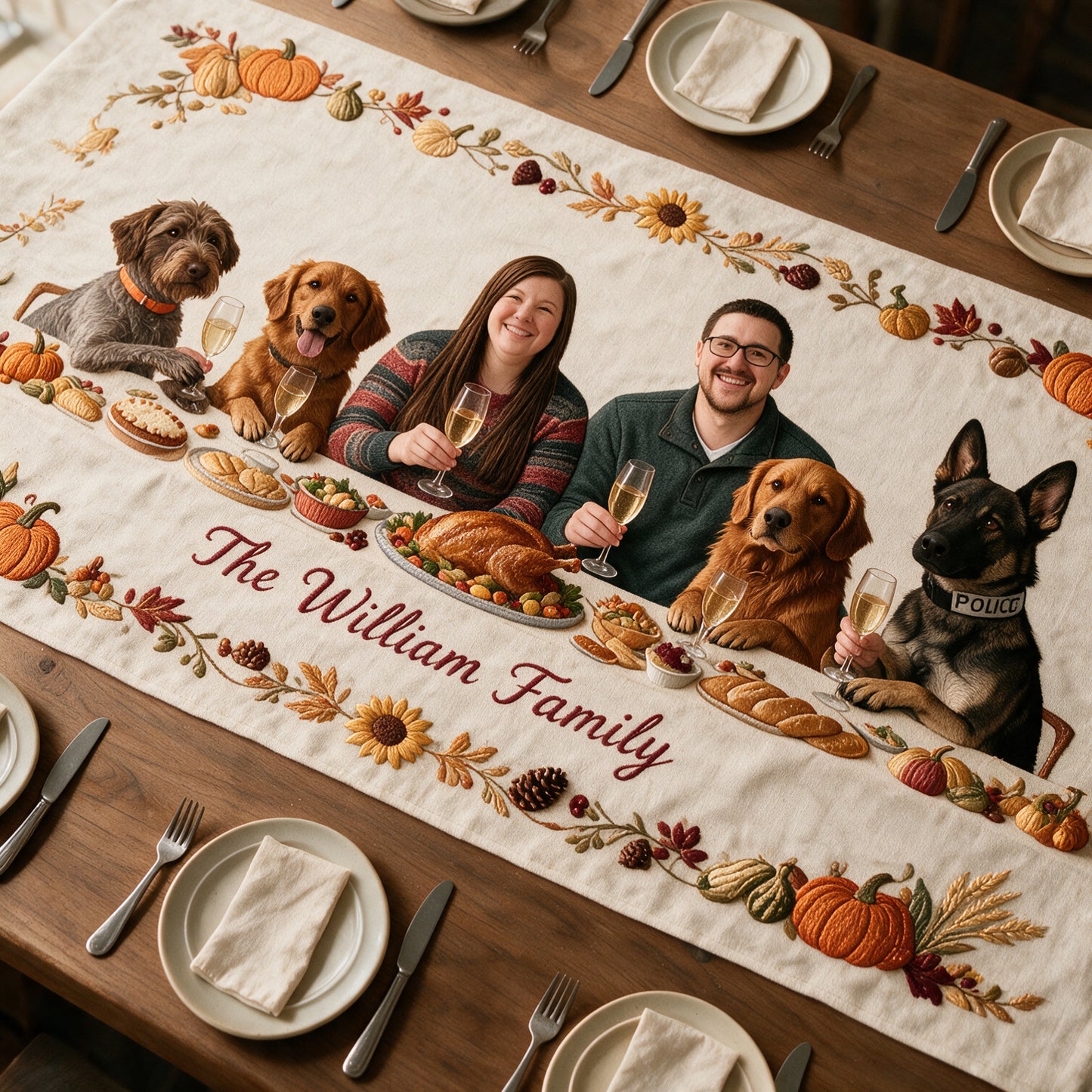 Family & Furry Friends - Personalized Dog Custom Shape Table Runner