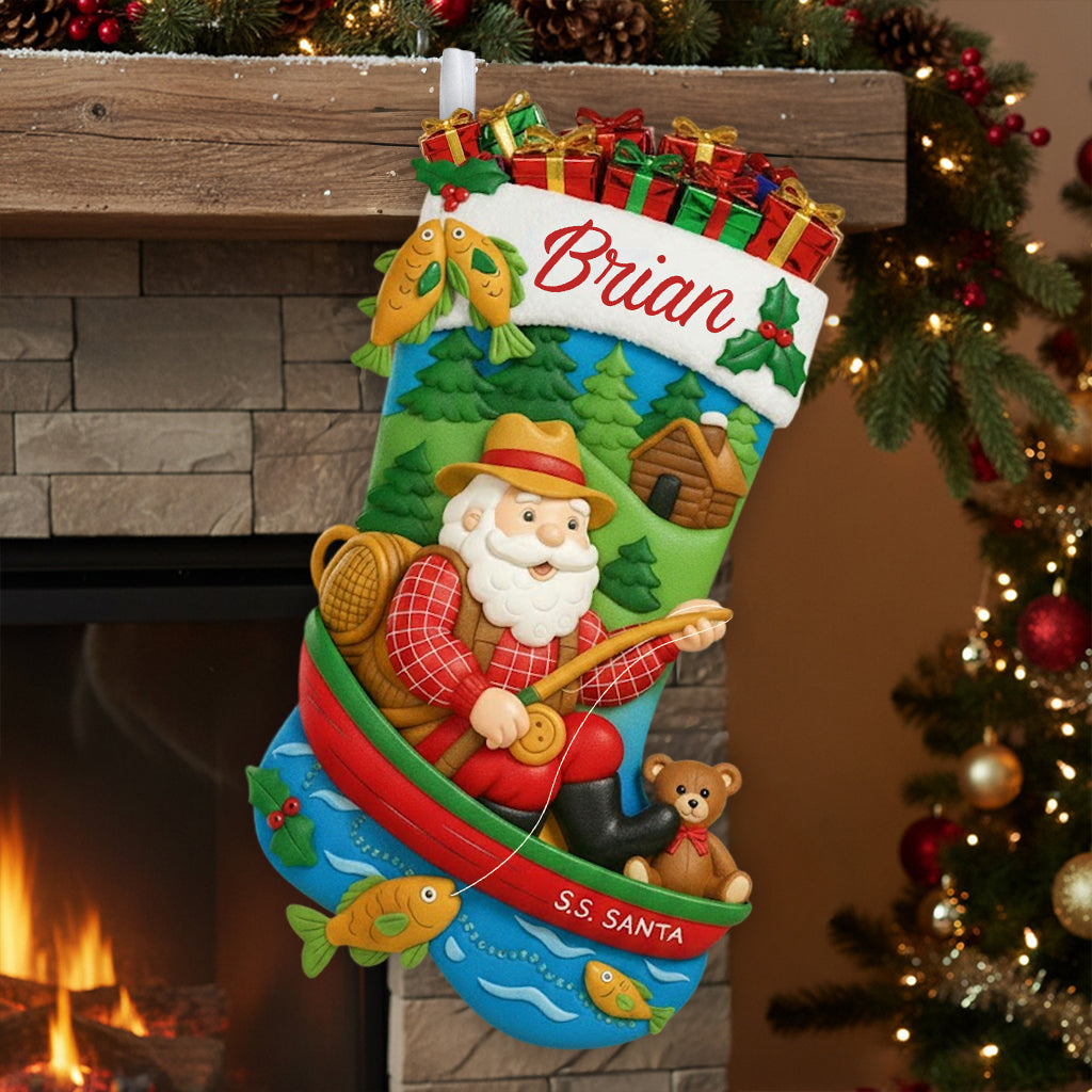 Le Père Noël pêche - Chaussette de Noël personnalisée en forme de pêche