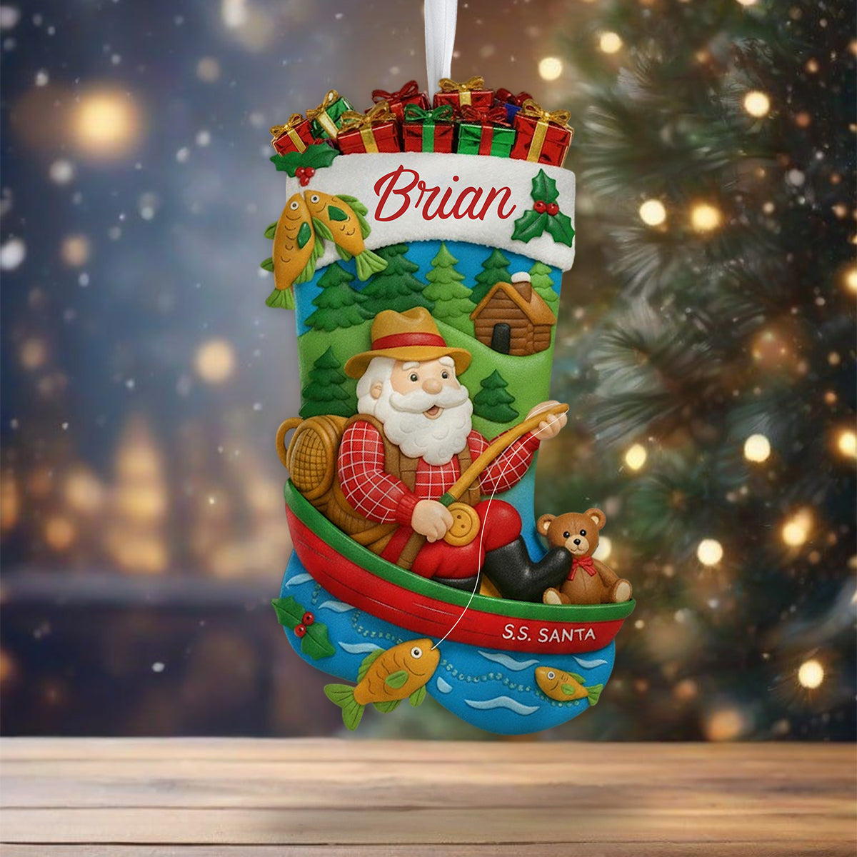 Le Père Noël pêche - Chaussette de Noël personnalisée en forme de pêche