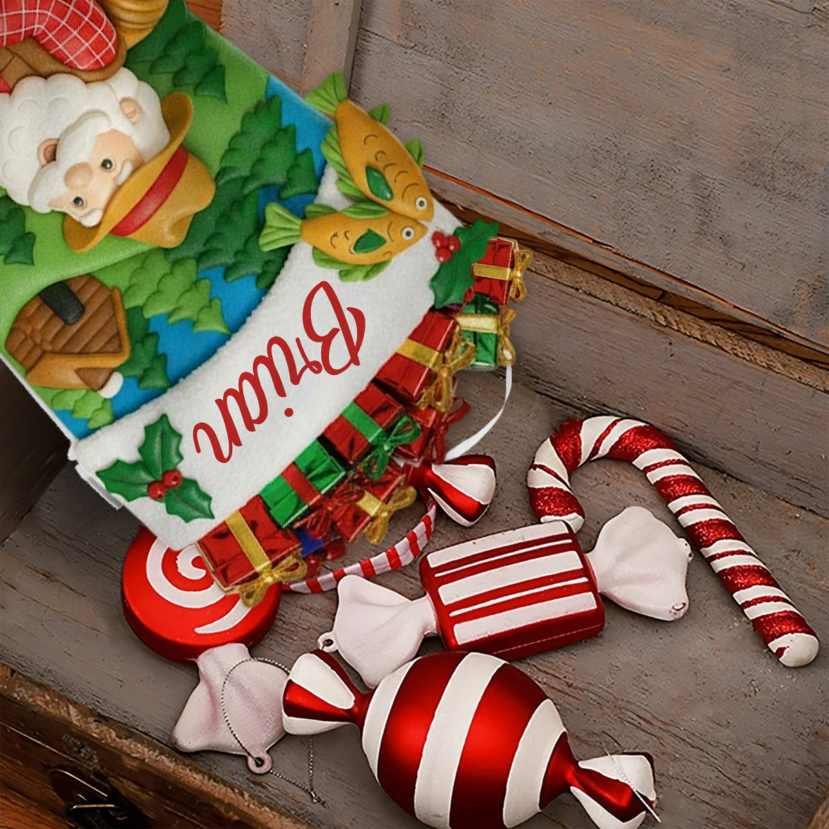 Le Père Noël pêche - Chaussette de Noël personnalisée en forme de pêche