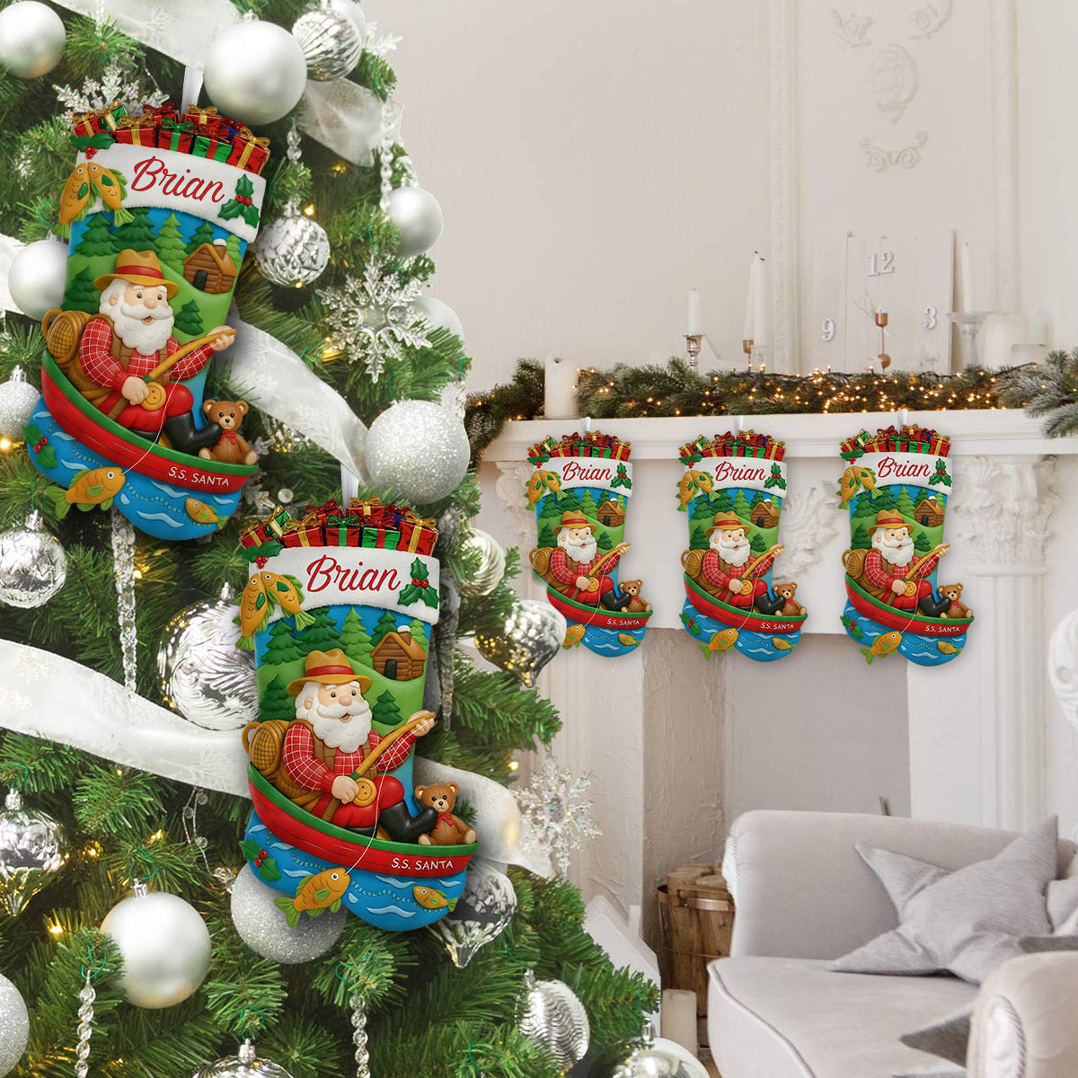 Le Père Noël pêche - Chaussette de Noël personnalisée en forme de pêche