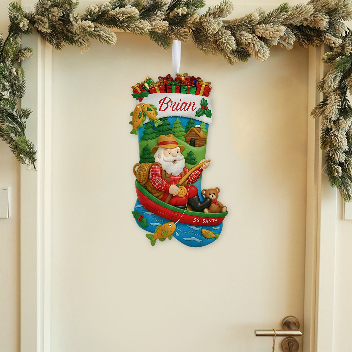 Le Père Noël pêche - Chaussette de Noël personnalisée en forme de pêche