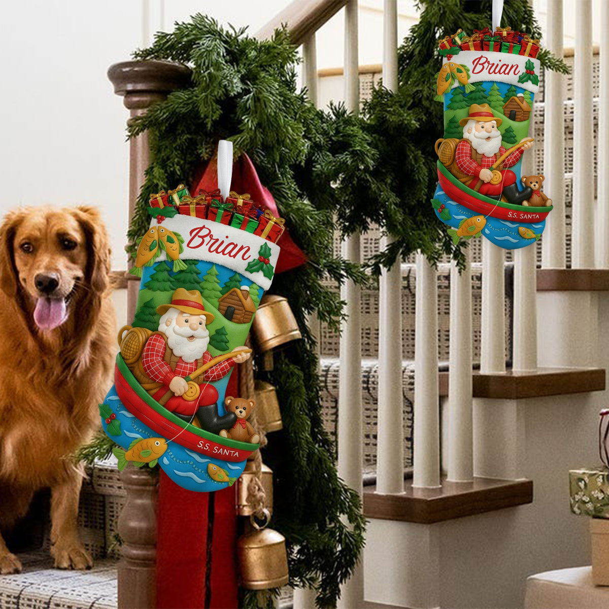 Le Père Noël pêche - Chaussette de Noël personnalisée en forme de pêche