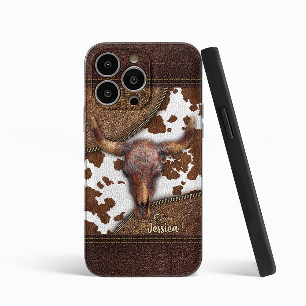 Skeleton Bull Skull - Personalized Western Leather Phone Case