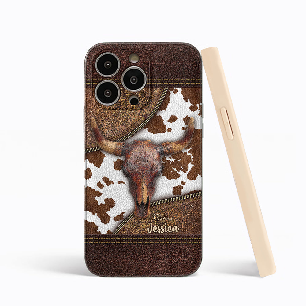 Skeleton Bull Skull - Personalized Western Leather Phone Case