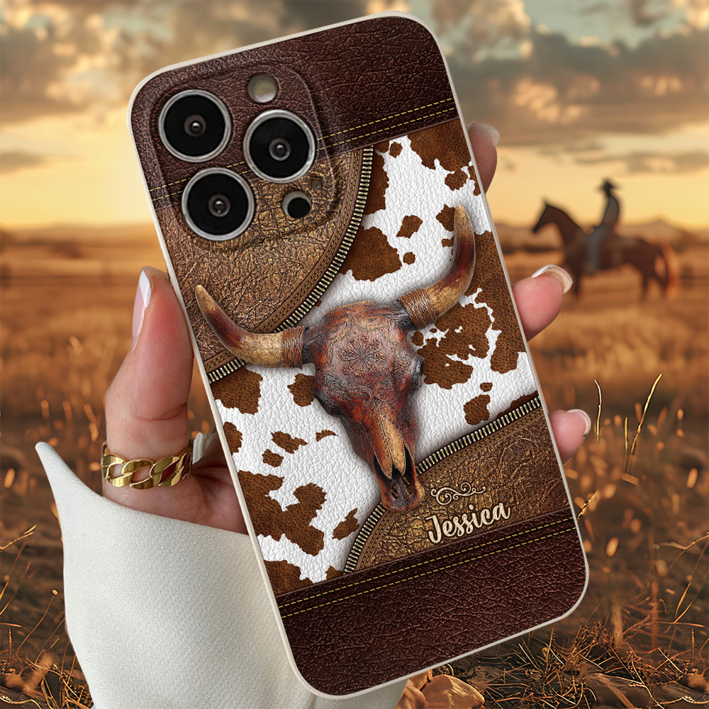Skeleton Bull Skull - Personalized Western Leather Phone Case