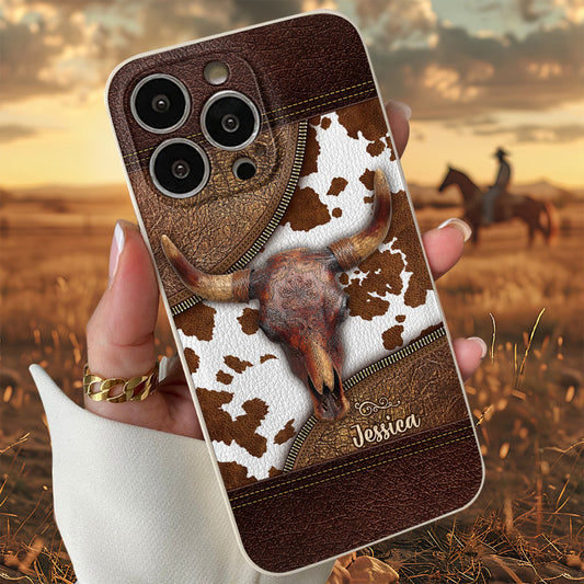 Skeleton Bull Skull - Personalized Western Leather Phone Case