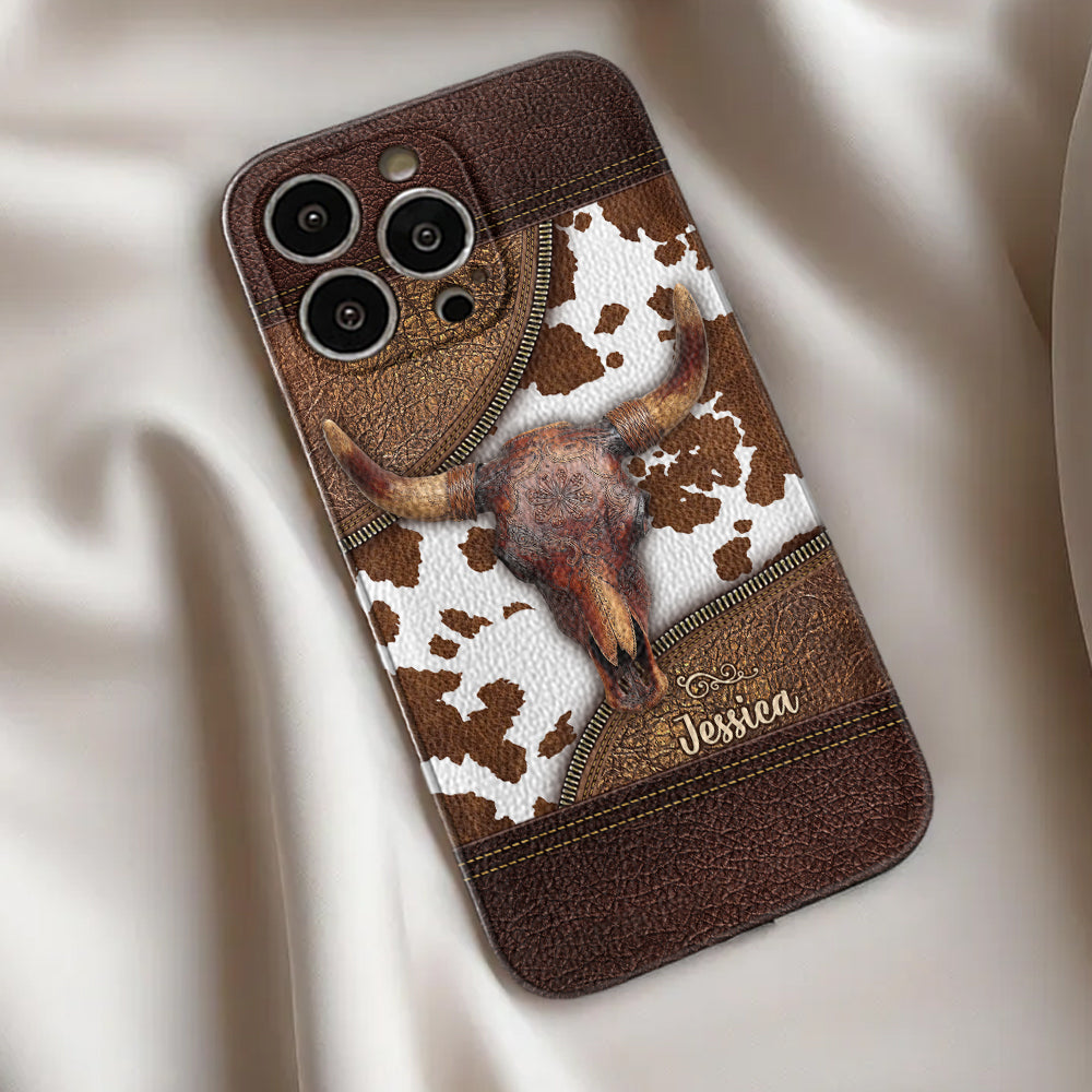 Skeleton Bull Skull - Personalized Western Leather Phone Case