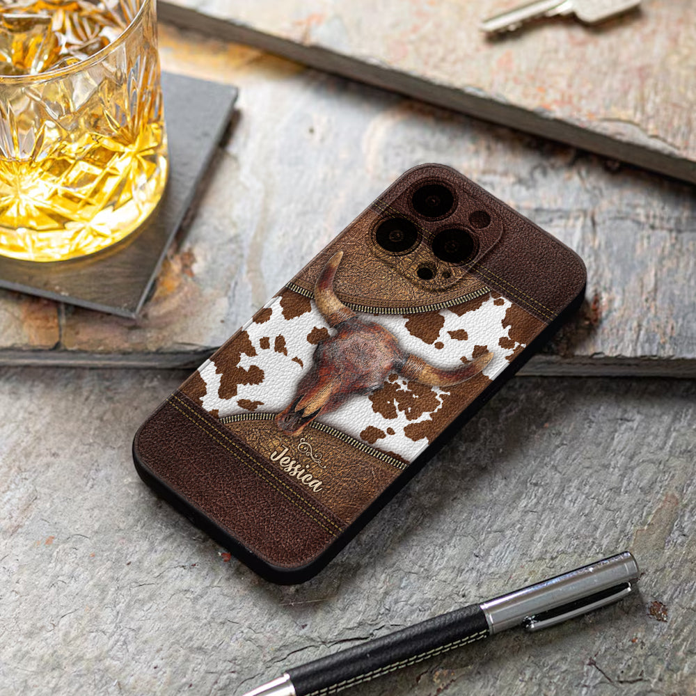 Skeleton Bull Skull - Personalized Western Leather Phone Case
