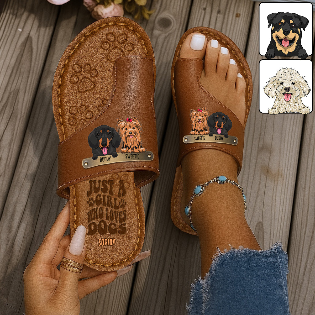 Einfach ein Mädchen, das Hunde liebt – personalisierte Hunde-Sandalen mit offener Zehenpartie