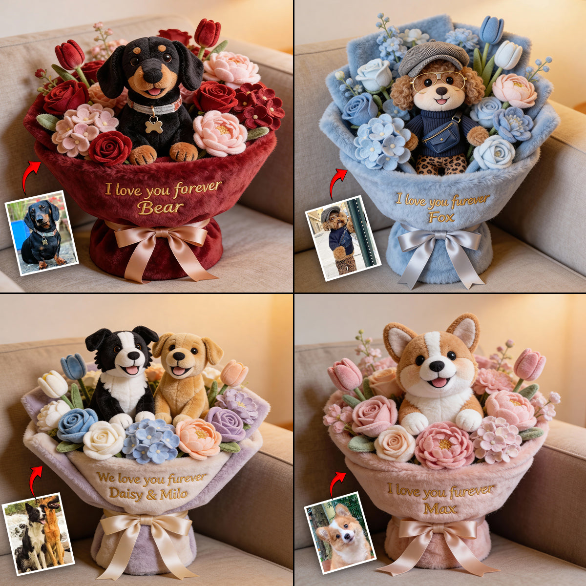 Plüschtier Welpe & Blume – Personalisiertes Kissen in Hundeform aus Kunstfell