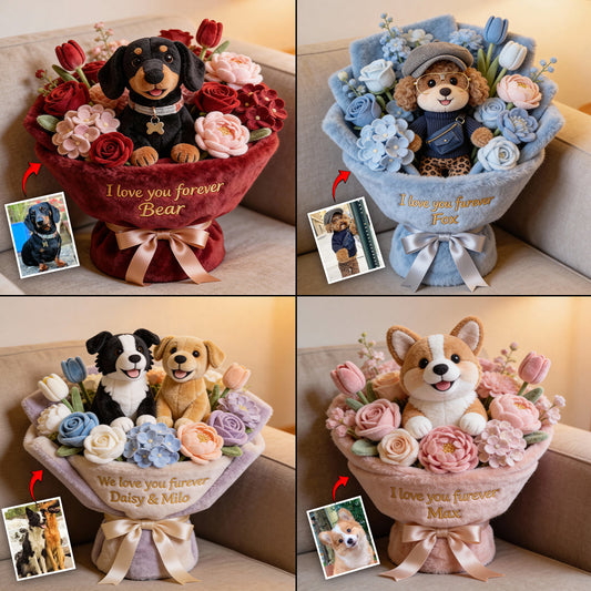 Plüschtier Welpe & Blume – Personalisiertes Kissen in Hundeform aus Kunstfell