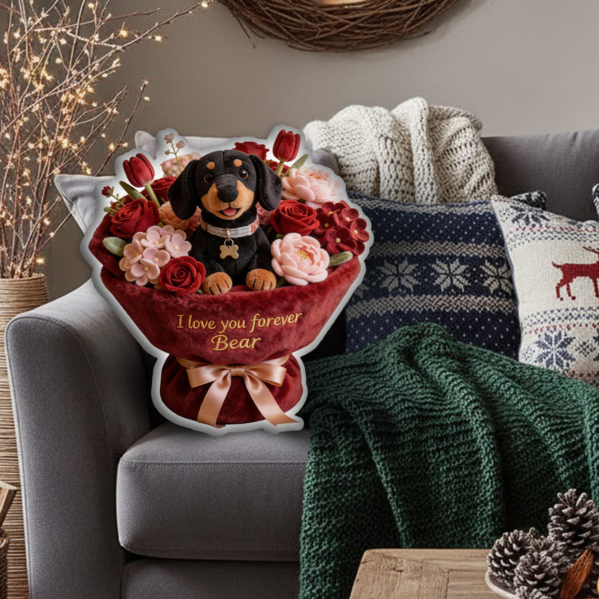 Plüschtier Welpe & Blume – Personalisiertes Kissen in Hundeform aus Kunstfell