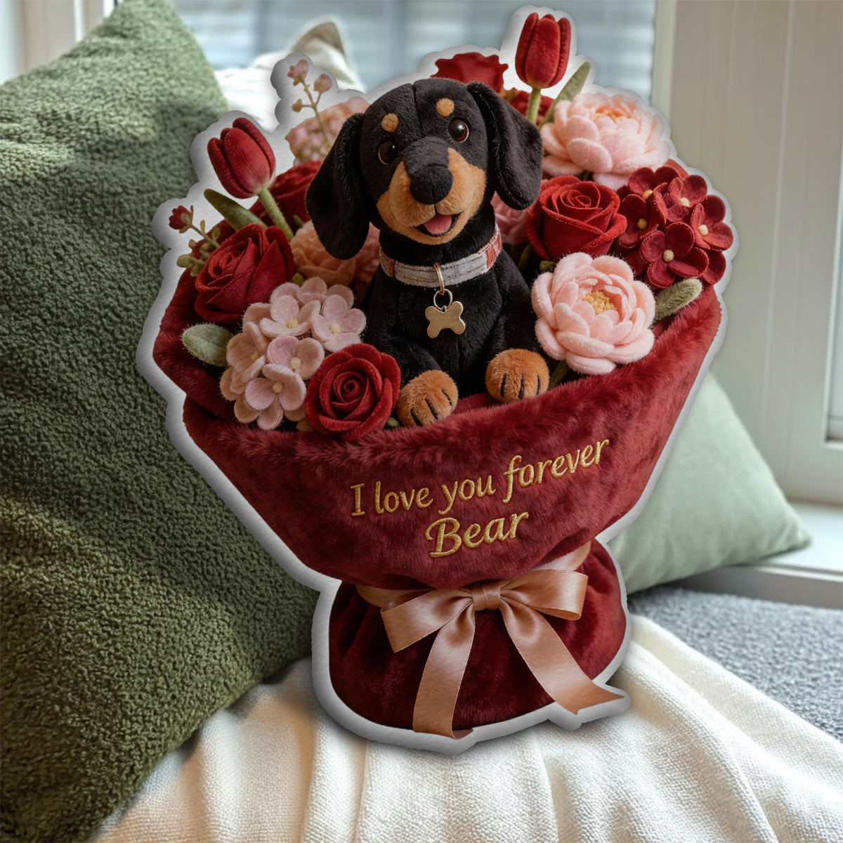 Plüschtier Welpe & Blume – Personalisiertes Kissen in Hundeform aus Kunstfell