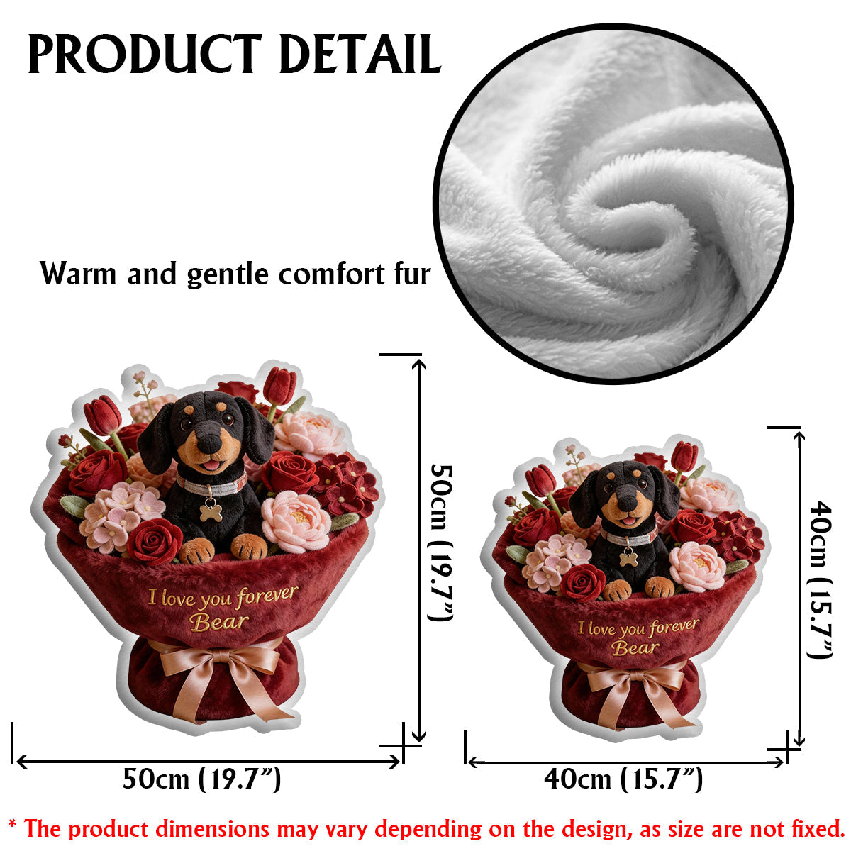 Plüschtier Welpe & Blume – Personalisiertes Kissen in Hundeform aus Kunstfell