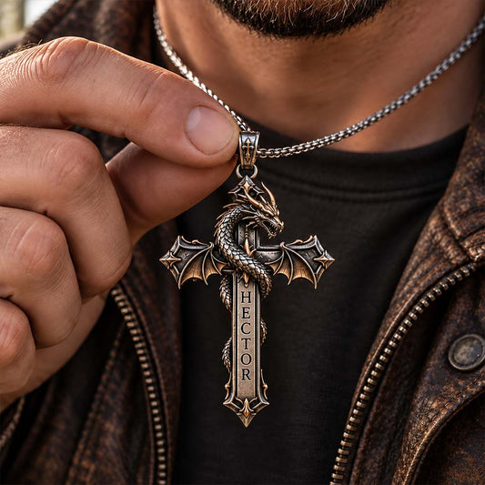 Foi & Feu — Collier Croix Dragon - Pendentif Métal Personnalisé en Forme de Dragon