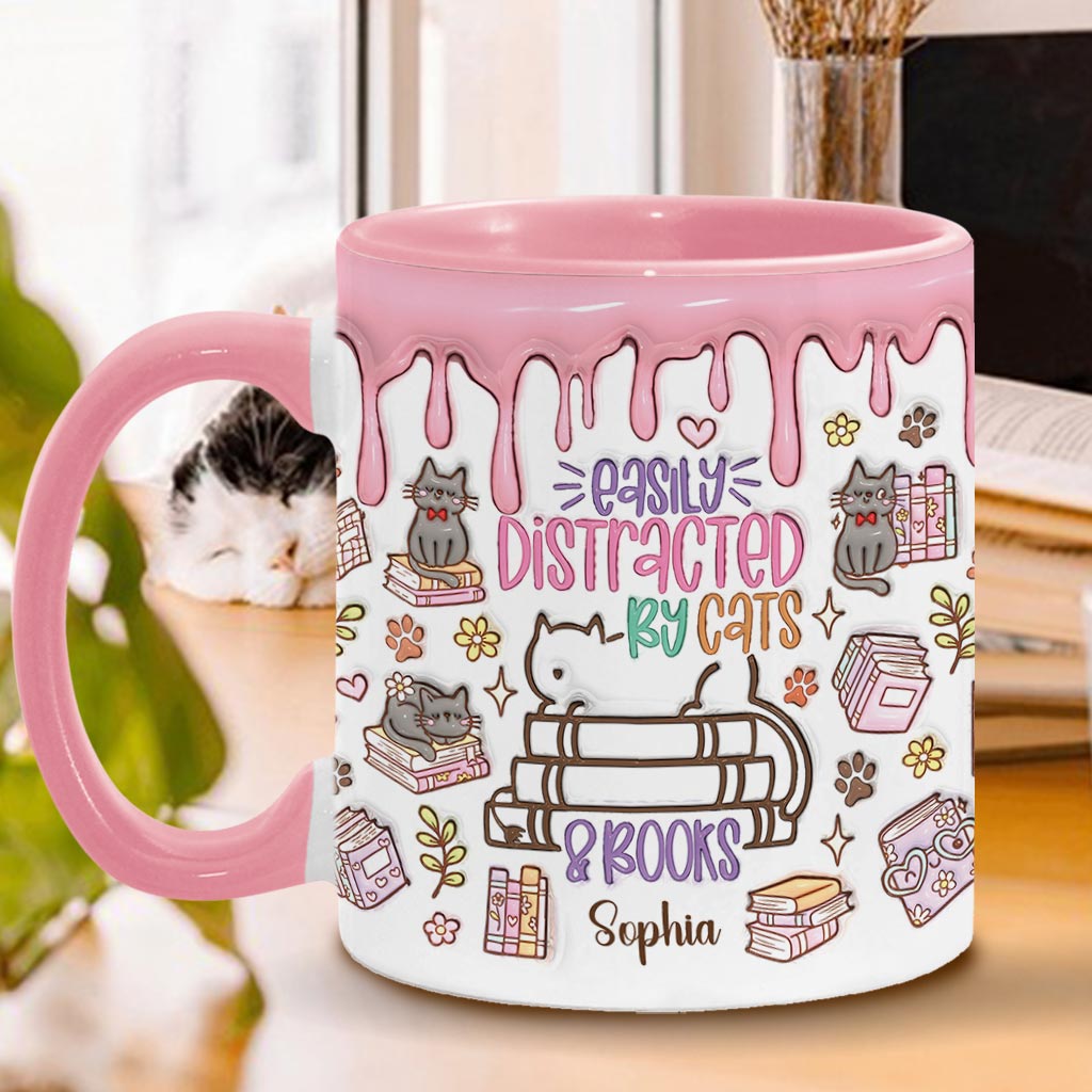 Easily Distracted By Cats And Books - Personalized Book Accent Mug