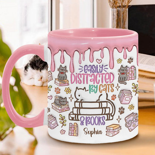 Easily Distracted By Cats And Books - Personalized Book Accent Mug