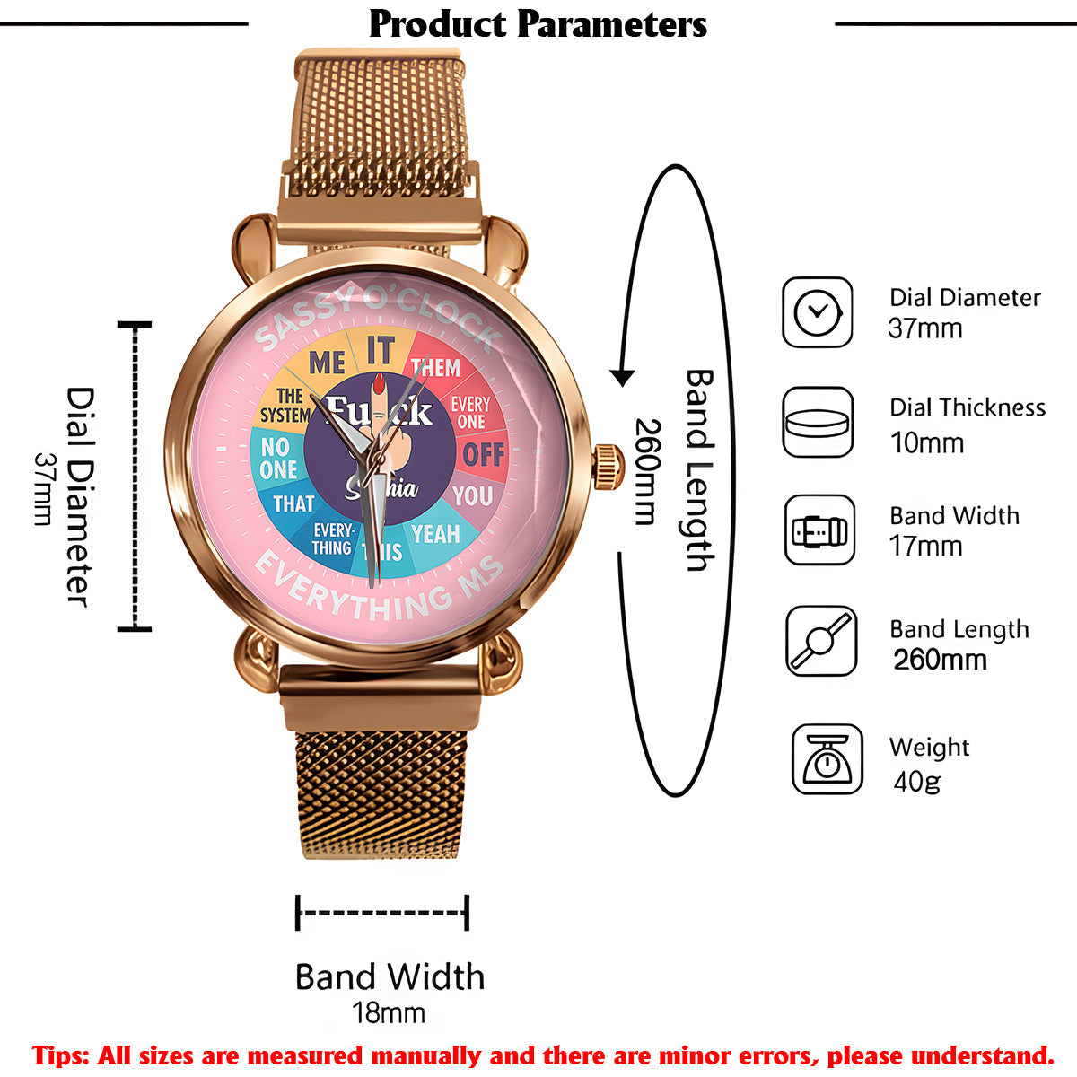 Montre « F*ck O'Clock », cadeau humoristique pour elle ou ses amies - Montre-bracelet sarcastique personnalisée pour femme 